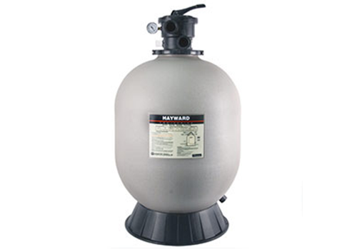 A gray and black sand filter is sitting on top of a base.
