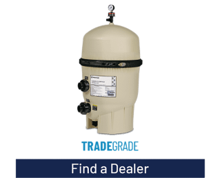 A pool filter is shown with the words " find a dealer ".